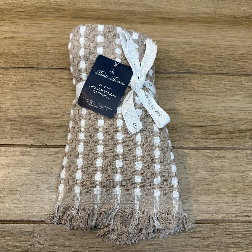 Brooks Brothers Premium Turkish Tip Towels Set Of 2 Tan White Waffle Weave NWT
